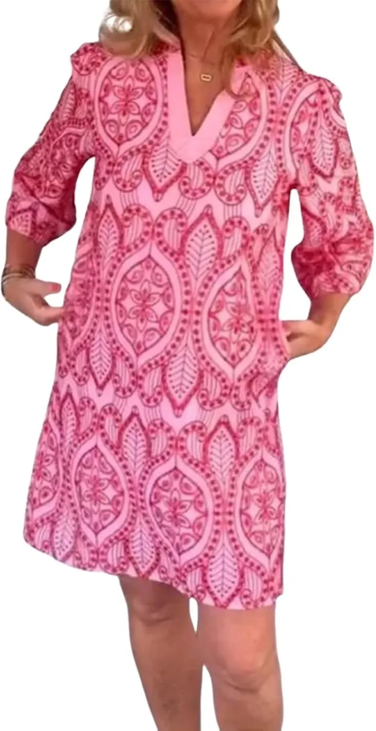 Womens Print 3/4 Sleeve V Neck Mini Dress with Side Pockets Bohemian Casual Shift Daily Beach Dress