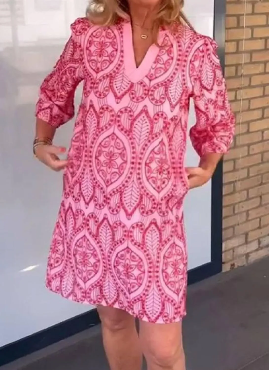 Womens Print 3/4 Sleeve V Neck Mini Dress with Side Pockets Bohemian Casual Shift Daily Beach Dress