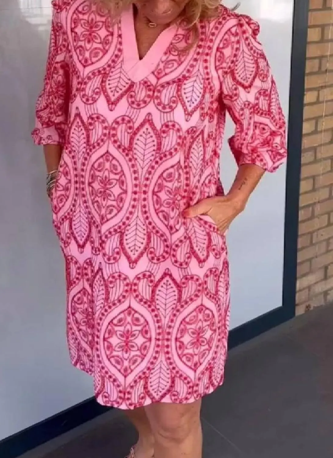 Womens Print 3/4 Sleeve V Neck Mini Dress with Side Pockets Bohemian Casual Shift Daily Beach Dress