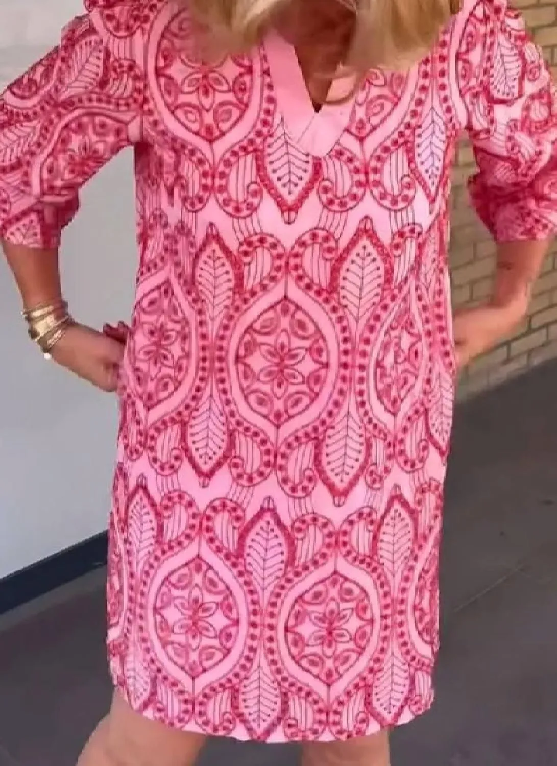 Womens Print 3/4 Sleeve V Neck Mini Dress with Side Pockets Bohemian Casual Shift Daily Beach Dress