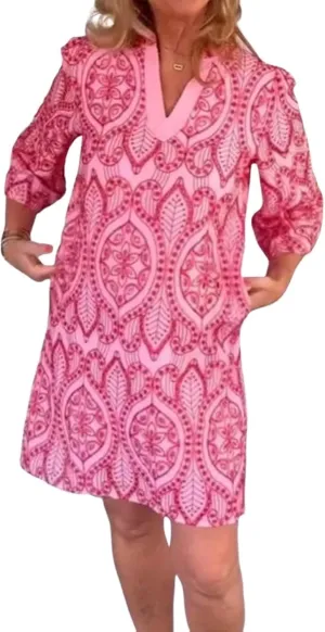 Womens Print 3/4 Sleeve V Neck Mini Dress with Side Pockets Bohemian Casual Shift Daily Beach Dress