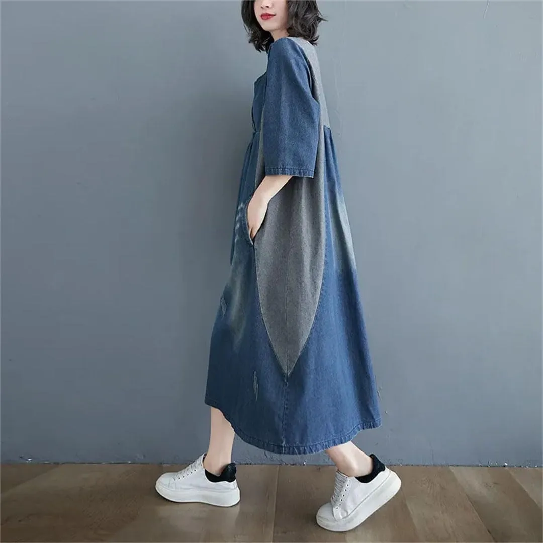 Women's Retro Denim Loose Big Pocket Waistcoat Vintage Style Plus Size Loose Dress