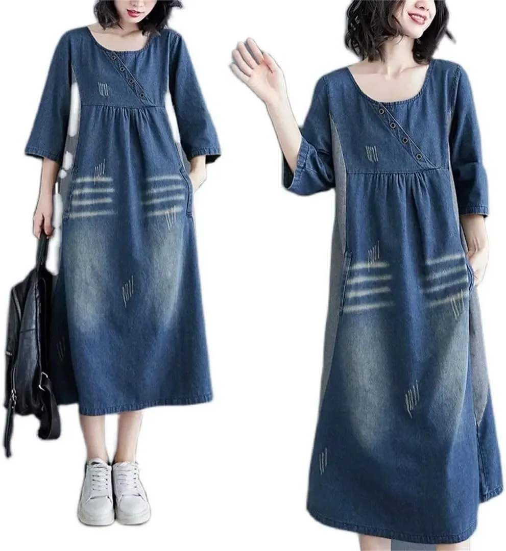 Women's Retro Denim Loose Big Pocket Waistcoat Vintage Style Plus Size Loose Dress