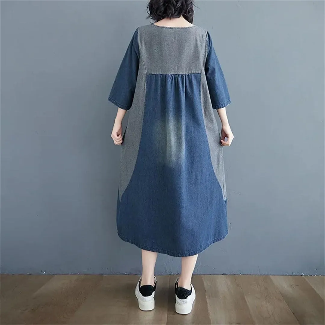 Women's Retro Denim Loose Big Pocket Waistcoat Vintage Style Plus Size Loose Dress