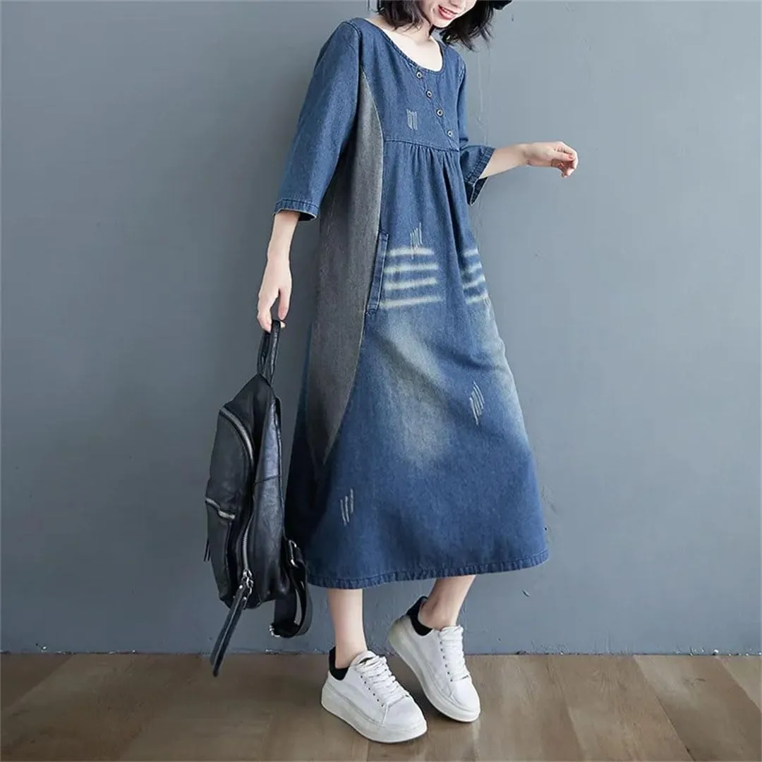 Women's Retro Denim Loose Big Pocket Waistcoat Vintage Style Plus Size Loose Dress