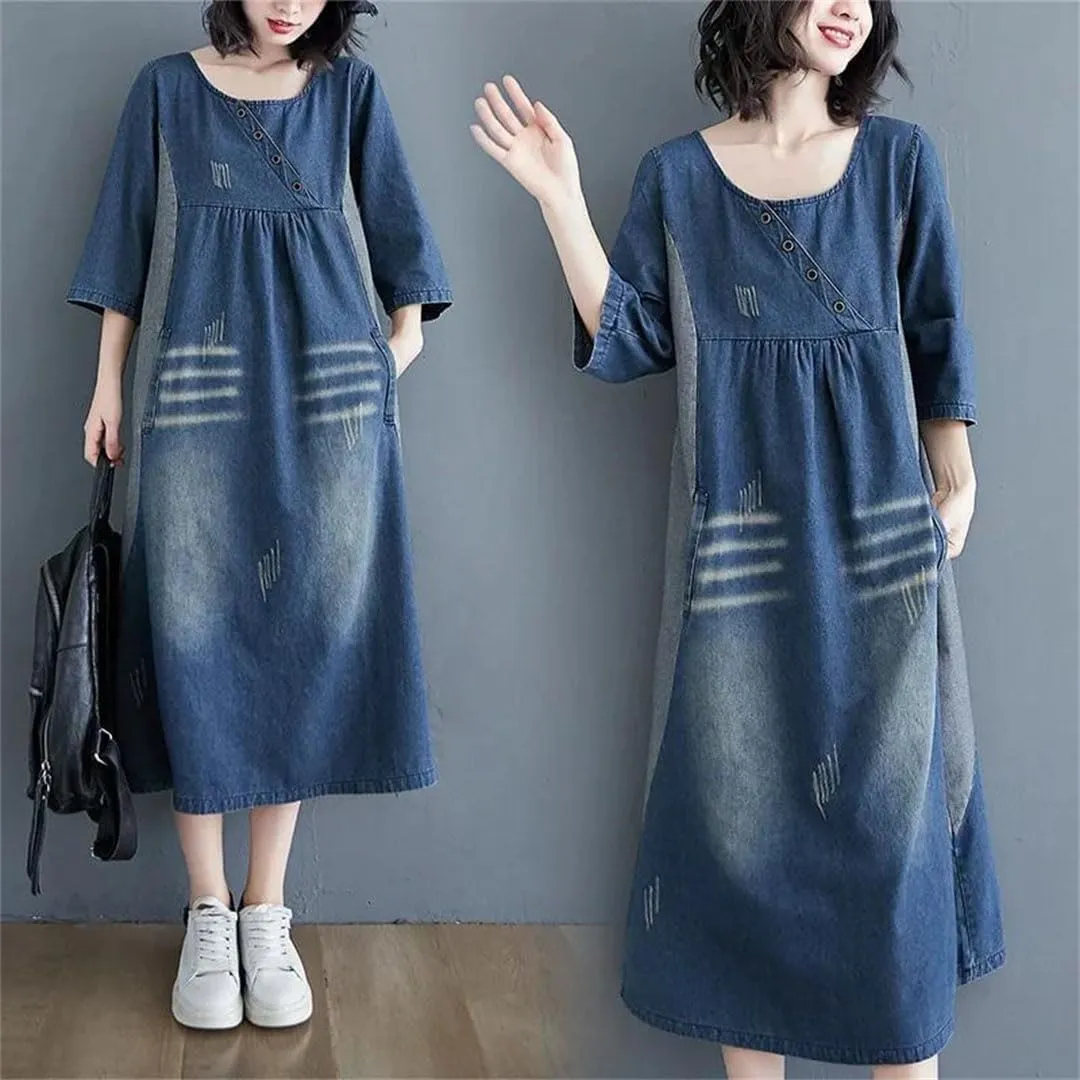 Women's Retro Denim Loose Big Pocket Waistcoat Vintage Style Plus Size Loose Dress