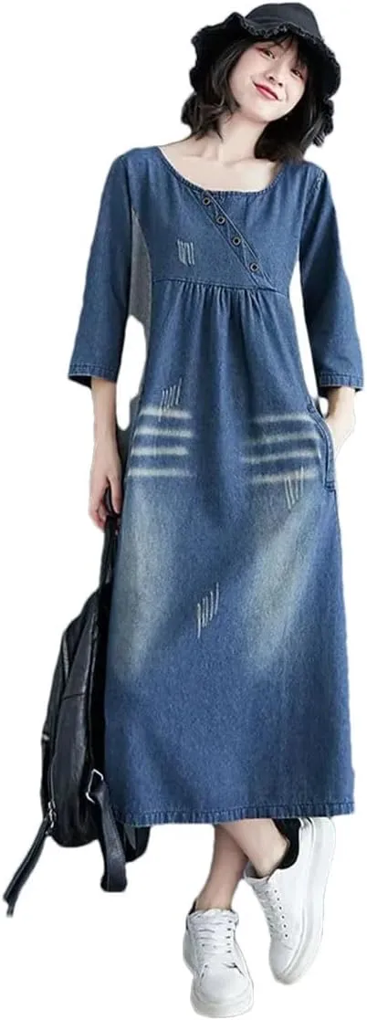 Women's Retro Denim Loose Big Pocket Waistcoat Vintage Style Plus Size Loose Dress