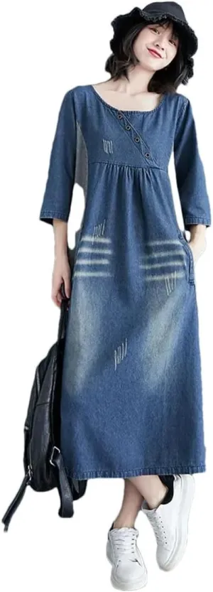 Women's Retro Denim Loose Big Pocket Waistcoat Vintage Style Plus Size Loose Dress