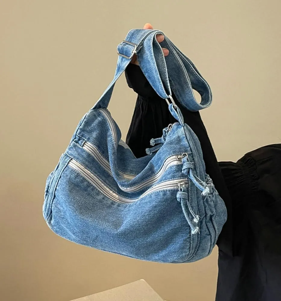 Women's Retro Large Canvas Denim Shoulder Bag Denim Crossbody Handbags Casual Style Lightweight Tote Purse