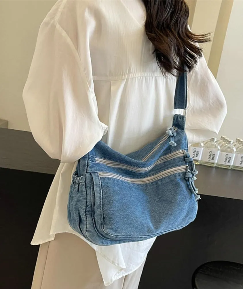Women's Retro Large Canvas Denim Shoulder Bag Denim Crossbody Handbags Casual Style Lightweight Tote Purse