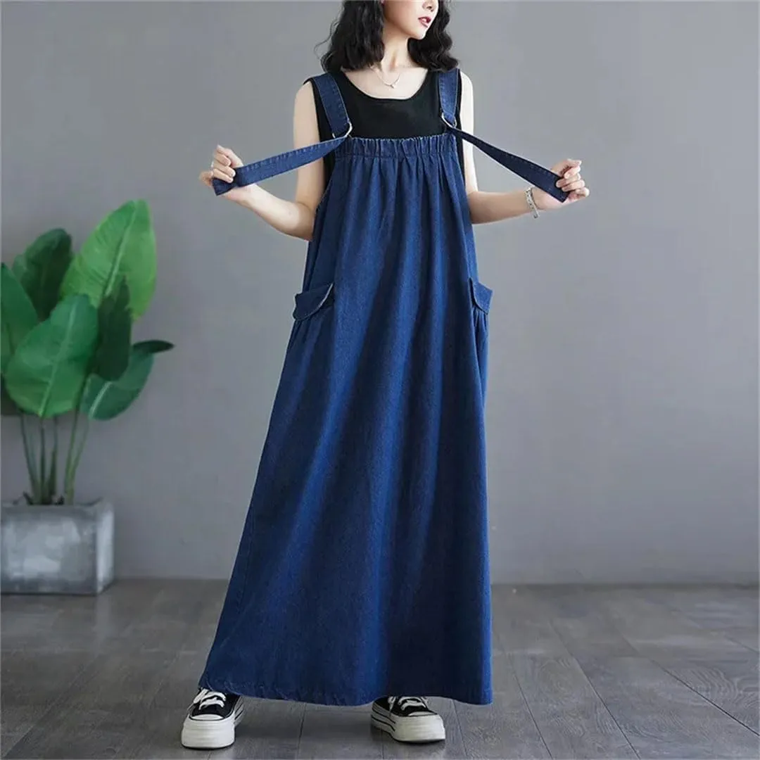 Women's Retro Loose Big Swing Slim Denim Strap Long Square Collar Sleeveless Mini Dress