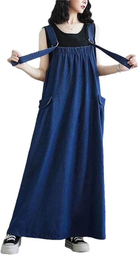 Women's Retro Loose Big Swing Slim Denim Strap Long Square Collar Sleeveless Mini Dress