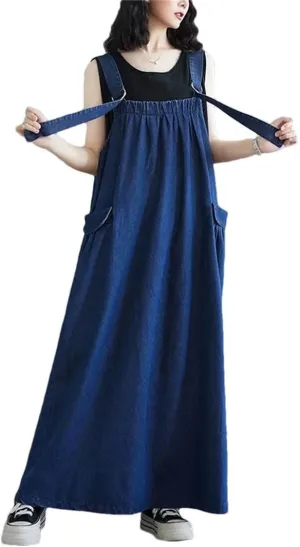 Women's Retro Loose Big Swing Slim Denim Strap Long Square Collar Sleeveless Mini Dress