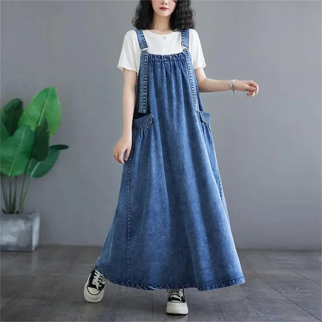 Women's Retro Loose Big Swing Slim Denim Strap Long Square Collar Sleeveless Mini Dress