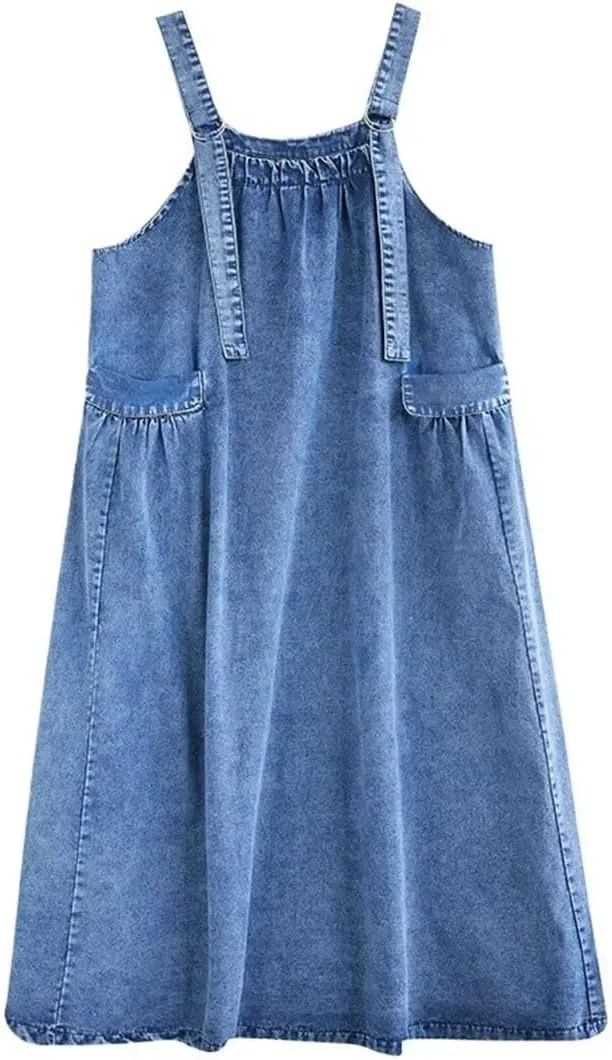 Women's Retro Loose Big Swing Slim Denim Strap Long Square Collar Sleeveless Mini Dress