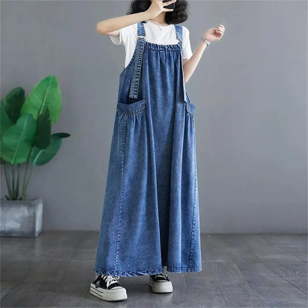 Women's Retro Loose Big Swing Slim Denim Strap Long Square Collar Sleeveless Mini Dress