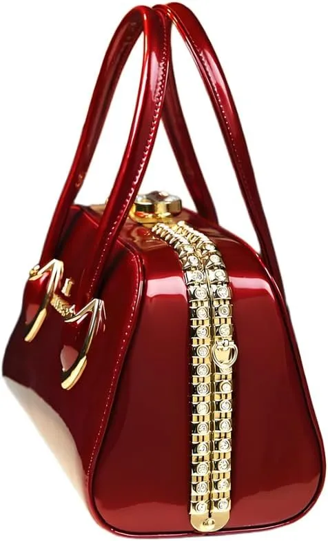 Womens Shiny Tote Evening Bag Fashion Rhinestone Decrated Handbag Glossy Patent Leather leopard print Handbag for Women
