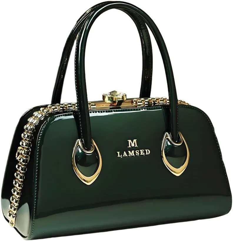 Womens Shiny Tote Evening Bag Fashion Rhinestone Decrated Handbag Glossy Patent Leather leopard print Handbag for Women