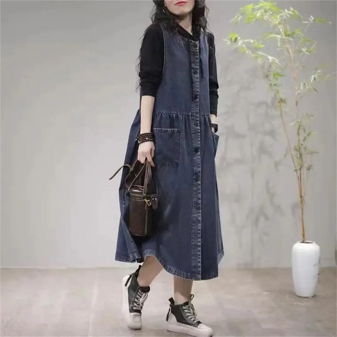 Women's Sleeveless Denim Vest Loose Long Plus Size Holiday Club Party A- Line Dress