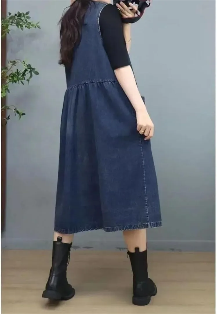 Women's Sleeveless Denim Vest Loose Long Plus Size Holiday Club Party A- Line Dress