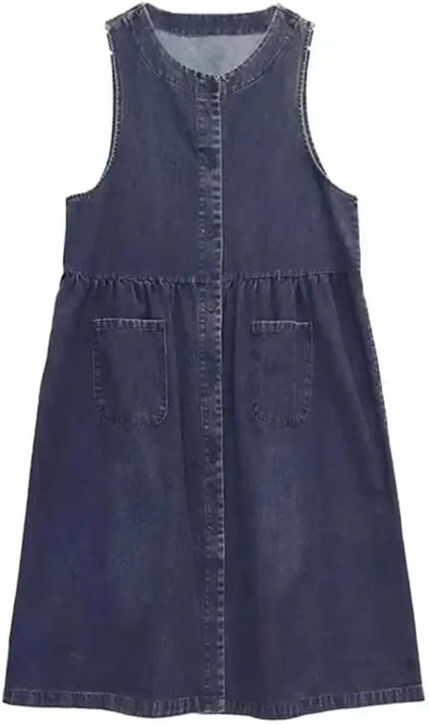 Women's Sleeveless Denim Vest Loose Long Plus Size Holiday Club Party A- Line Dress