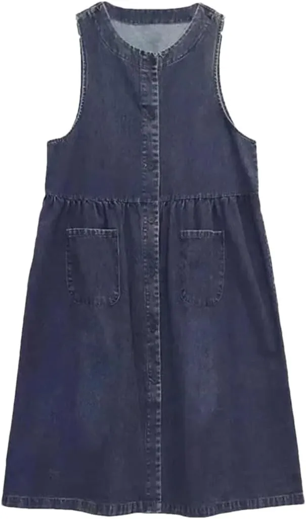 Women's Sleeveless Denim Vest Loose Long Plus Size Holiday Club Party A- Line Dress