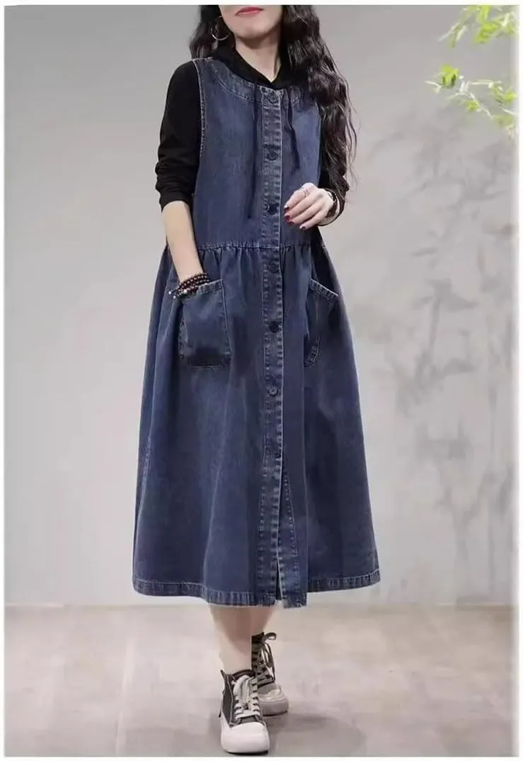Women's Sleeveless Denim Vest Loose Long Plus Size Holiday Club Party A- Line Dress