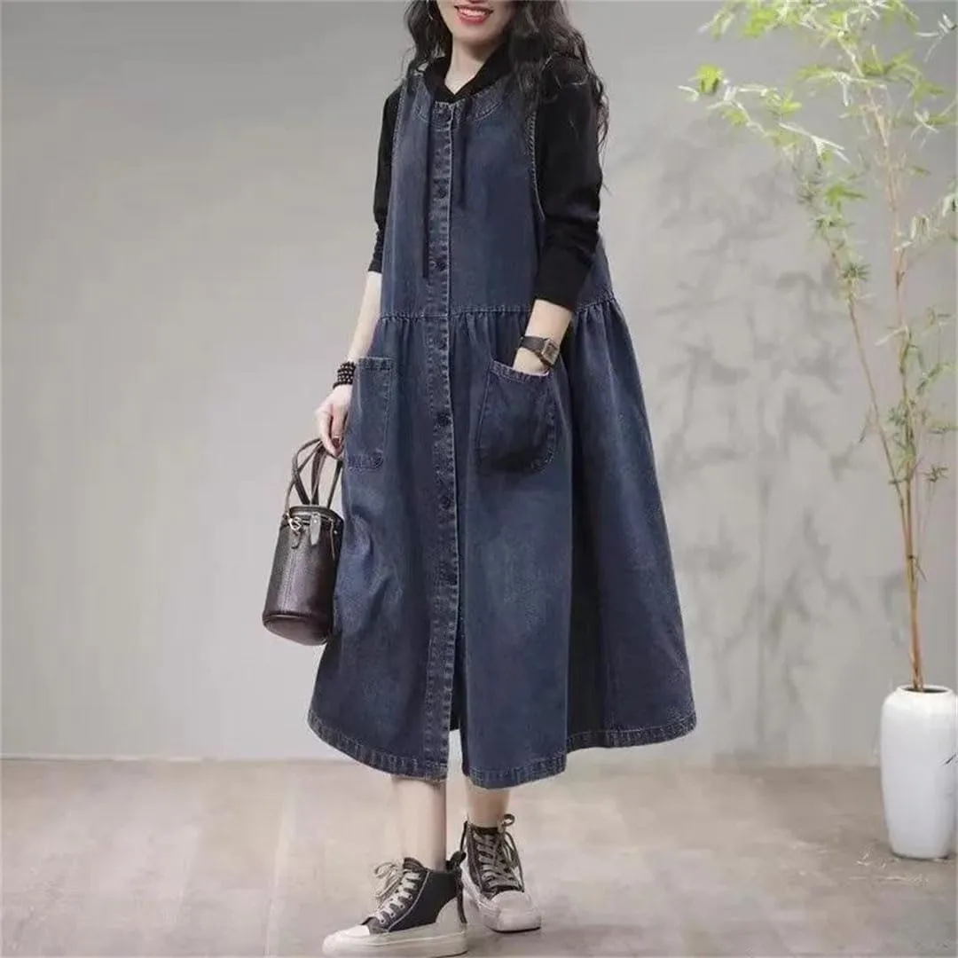 Women's Sleeveless Denim Vest Loose Long Plus Size Holiday Club Party A- Line Dress