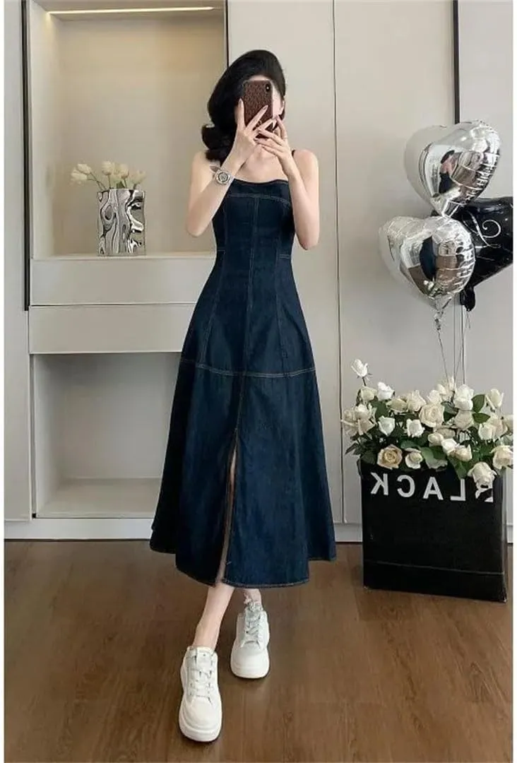 Women's Sleeveless Strapless Retro Denim Sling Long Slit Waist Dress