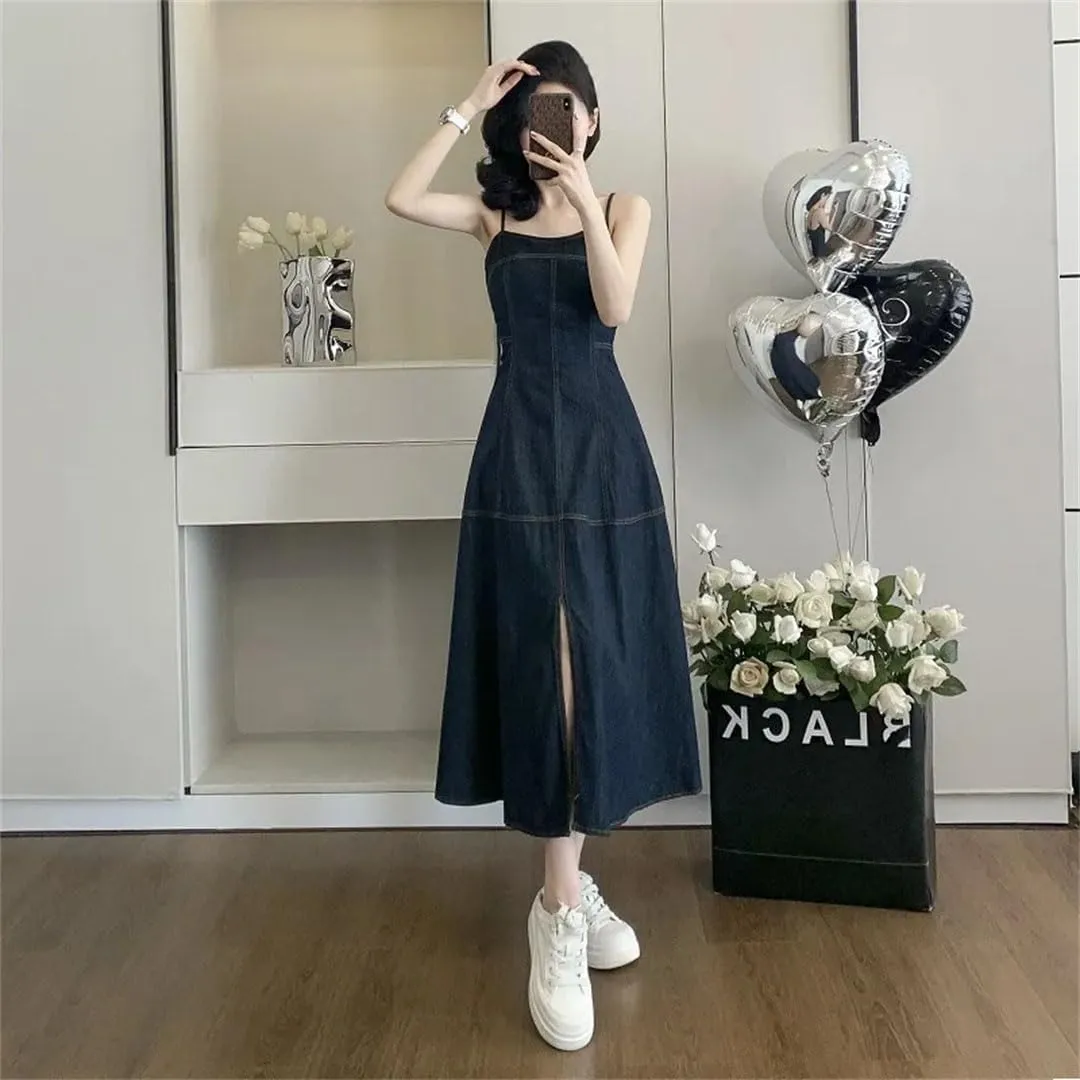 Women's Sleeveless Strapless Retro Denim Sling Long Slit Waist Dress