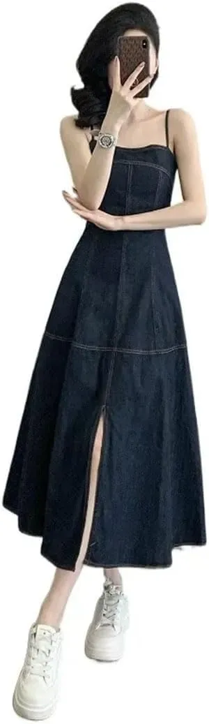 Women's Sleeveless Strapless Retro Denim Sling Long Slit Waist Dress