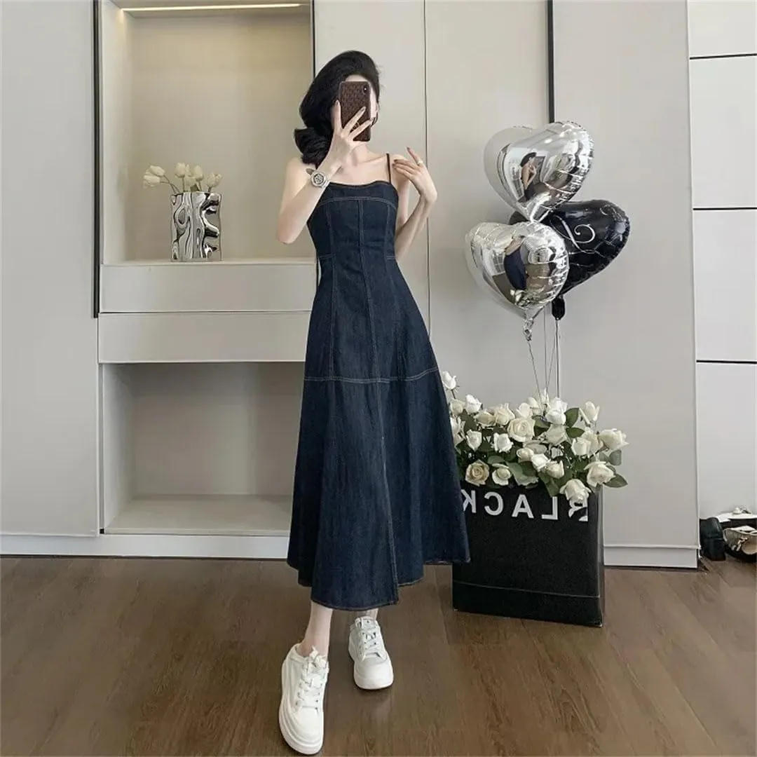 Women's Sleeveless Strapless Retro Denim Sling Long Slit Waist Dress