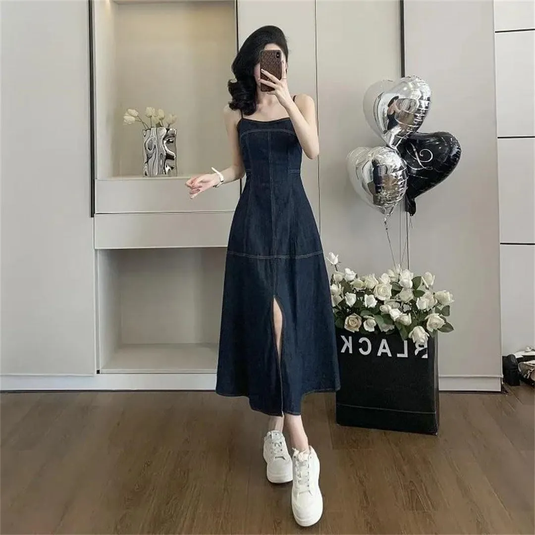 Women's Sleeveless Strapless Retro Denim Sling Long Slit Waist Dress