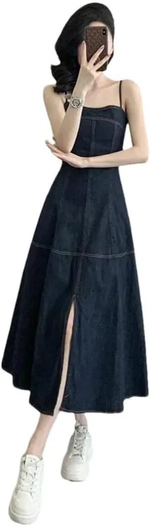 Women's Sleeveless Strapless Retro Denim Sling Long Slit Waist Dress
