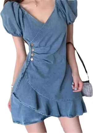 Women's Slimming French Style Denim Empire Waist Short Bubble Sleeve V Neck Mini Dress