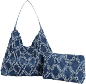 Women's Small Denim Shoulder Bag with Wallet Tie-dyeing Quilted Distressed Jeans Tote Handbag
