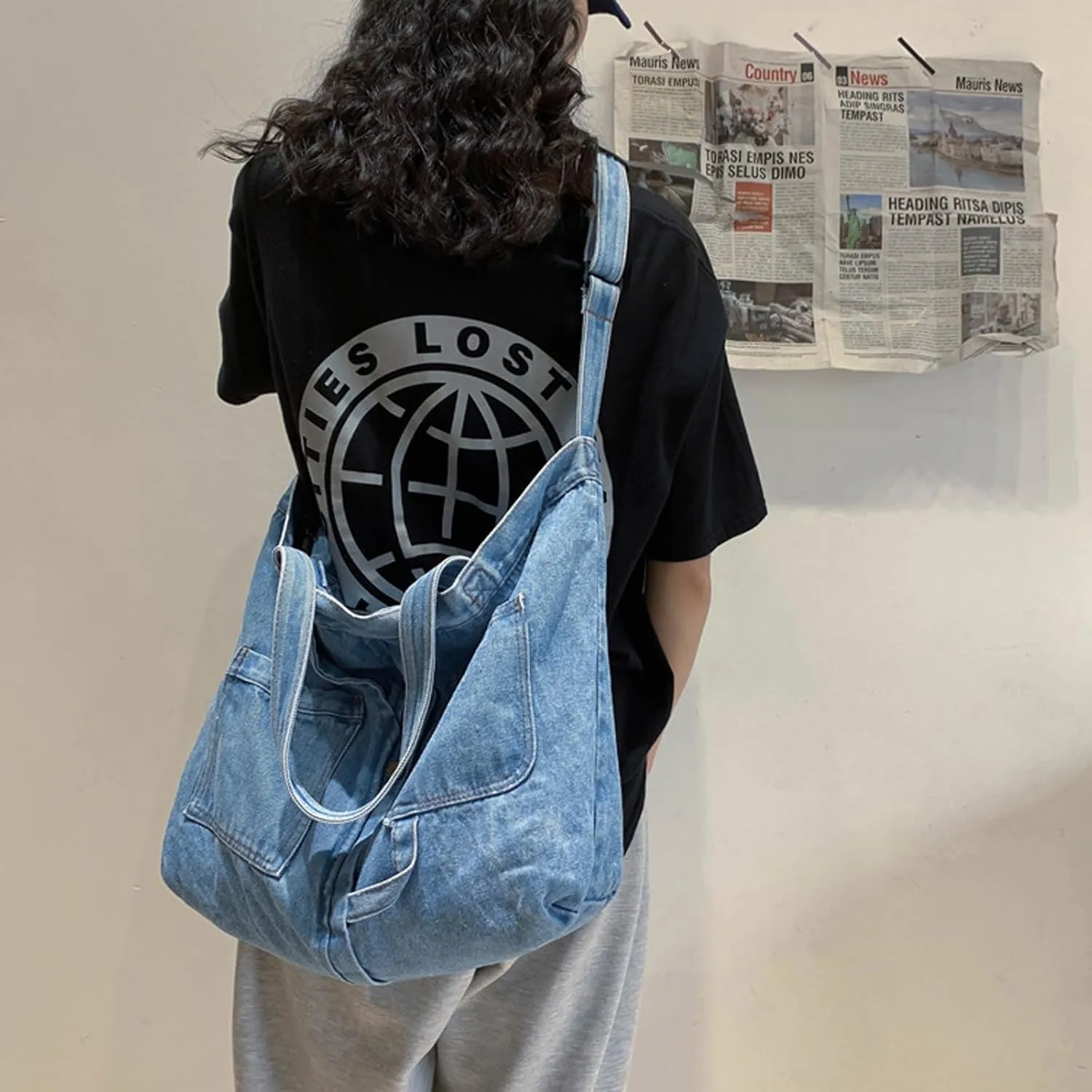 Women's soft denim handbag Casual Hobo handbag Retro crossbody bag Large capacity denim wallet