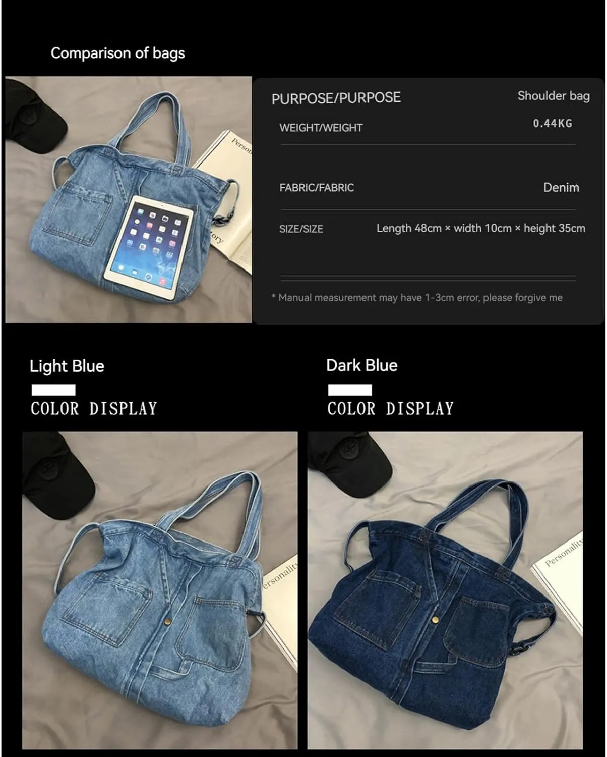 Women's soft denim handbag Casual Hobo handbag Retro crossbody bag Large capacity denim wallet