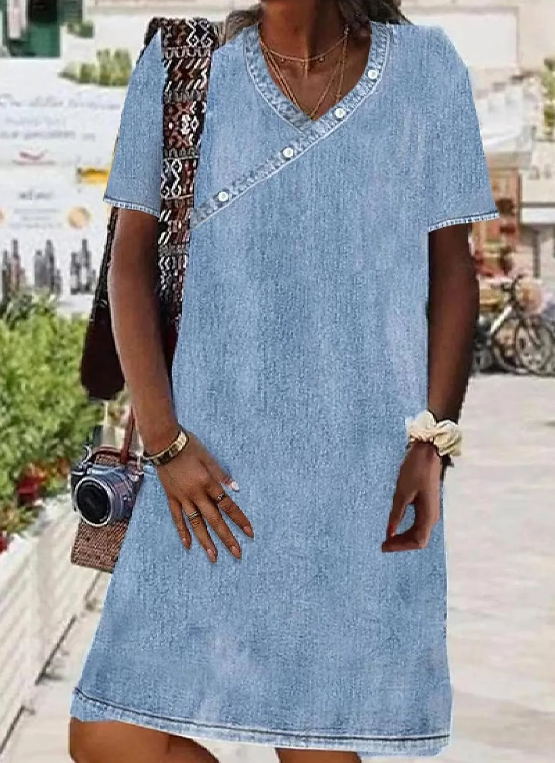 Women's Spring Summer Casual Denim Dress Solid Short Sleeve Shift Mini Beach Vacation Party Dresses