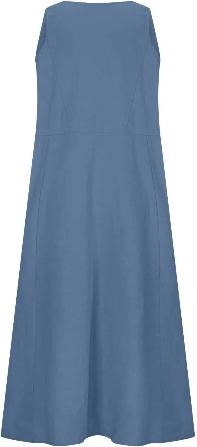 Womens Spring Summer Dresses Casual Round Neck Pleated Solid Color Beach Dress Swing Pleated Casual Vacation Dresses