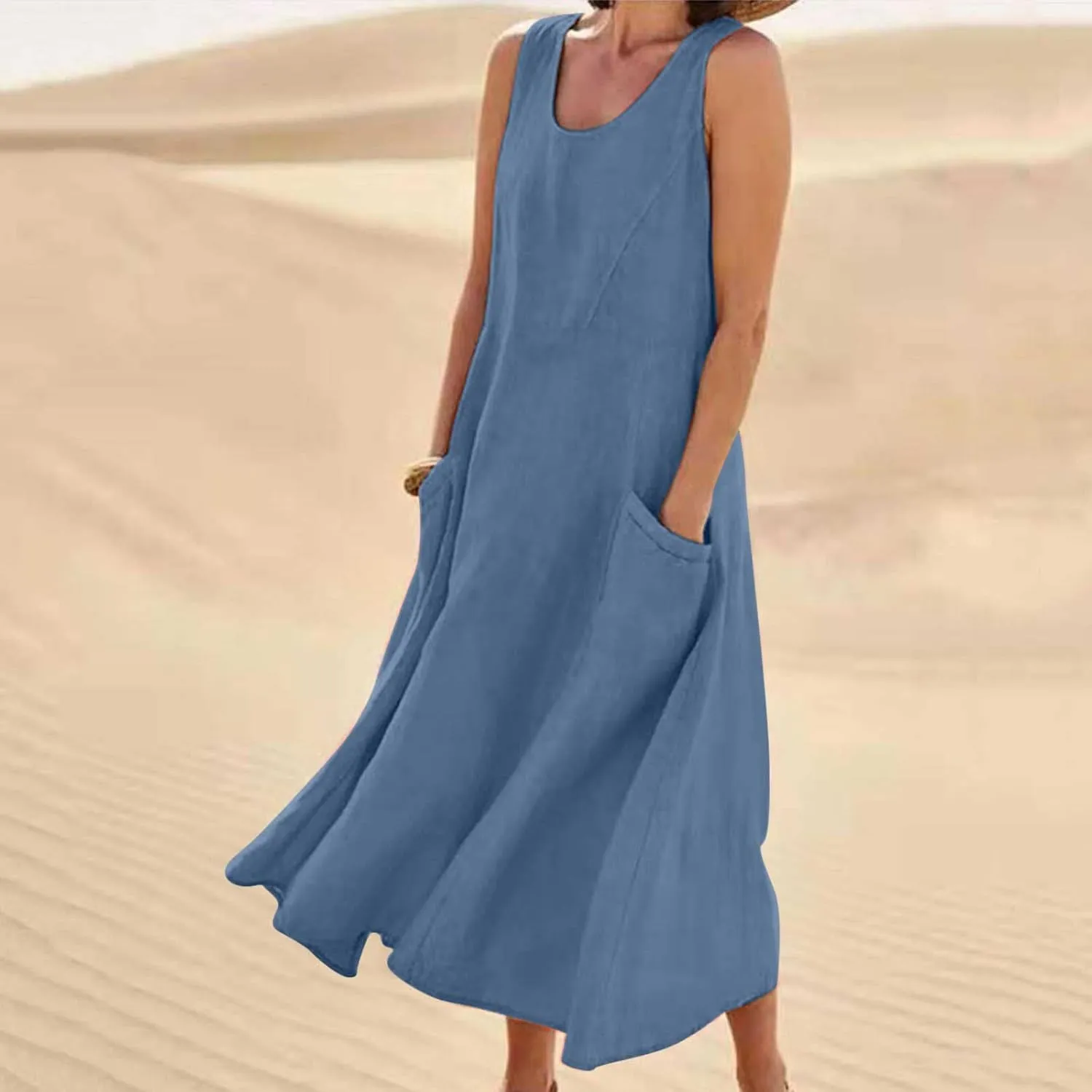 Womens Spring Summer Dresses Casual Round Neck Pleated Solid Color Beach Dress Swing Pleated Casual Vacation Dresses