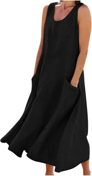 Womens Spring Summer Dresses Casual Round Neck Pleated Solid Color Beach Dress Swing Pleated Casual Vacation Dresses