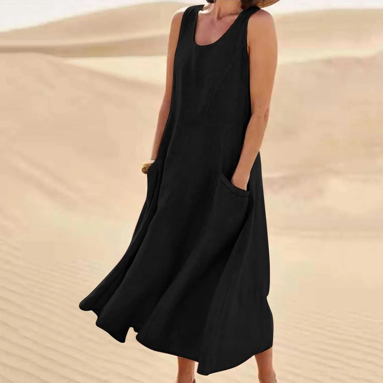 Womens Spring Summer Dresses Casual Round Neck Pleated Solid Color Beach Dress Swing Pleated Casual Vacation Dresses