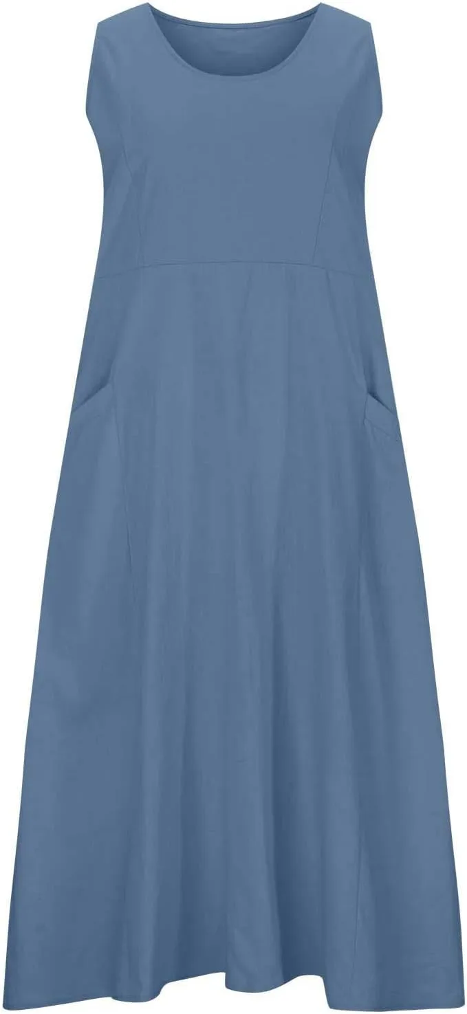 Womens Spring Summer Dresses Casual Round Neck Pleated Solid Color Beach Dress Swing Pleated Casual Vacation Dresses