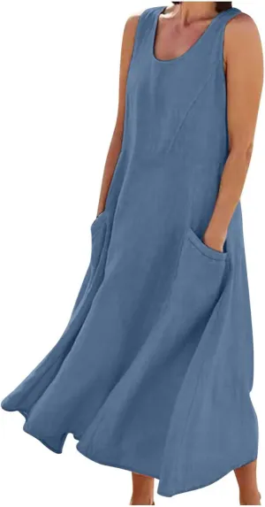 Womens Spring Summer Dresses Casual Round Neck Pleated Solid Color Beach Dress Swing Pleated Casual Vacation Dresses