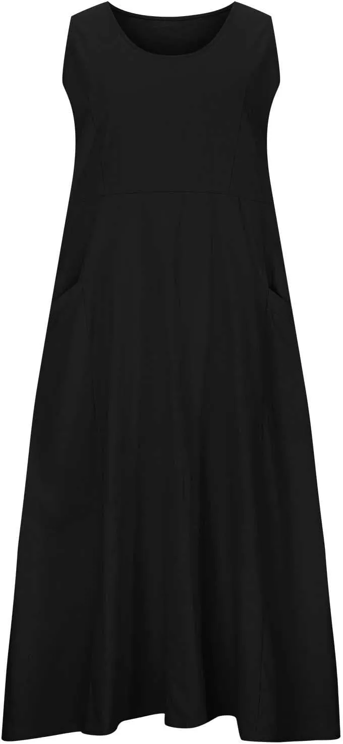 Womens Spring Summer Dresses Casual Round Neck Pleated Solid Color Beach Dress Swing Pleated Casual Vacation Dresses