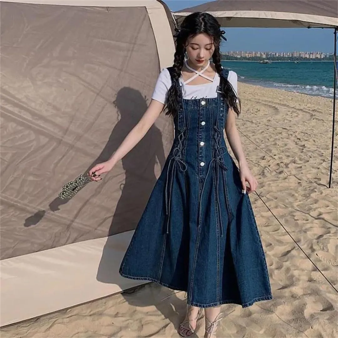 Women's Street Denim Vintage Slimming Waist Single-Breasted Long A- Line Strap Dresses