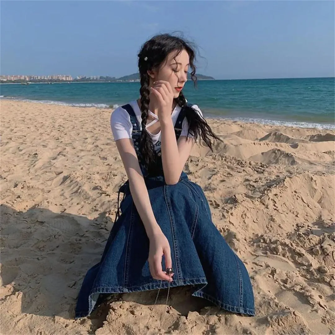Women's Street Denim Vintage Slimming Waist Single-Breasted Long A- Line Strap Dresses