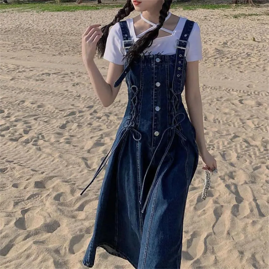 Women's Street Denim Vintage Slimming Waist Single-Breasted Long A- Line Strap Dresses