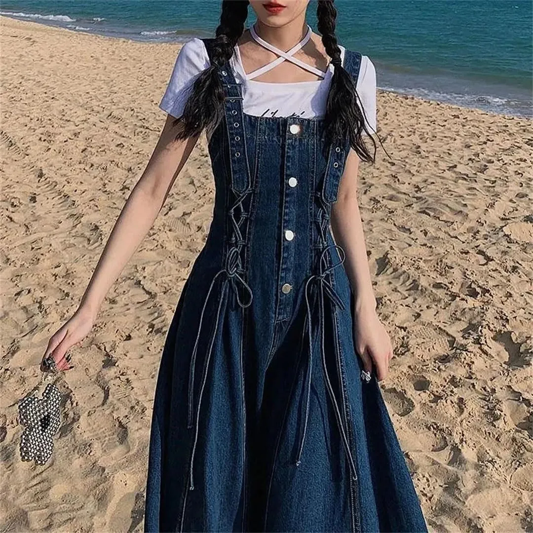 Women's Street Denim Vintage Slimming Waist Single-Breasted Long A- Line Strap Dresses